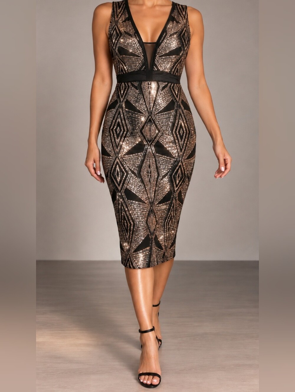 Trixxi Black and Gold Geometric Sequin Midi Dress